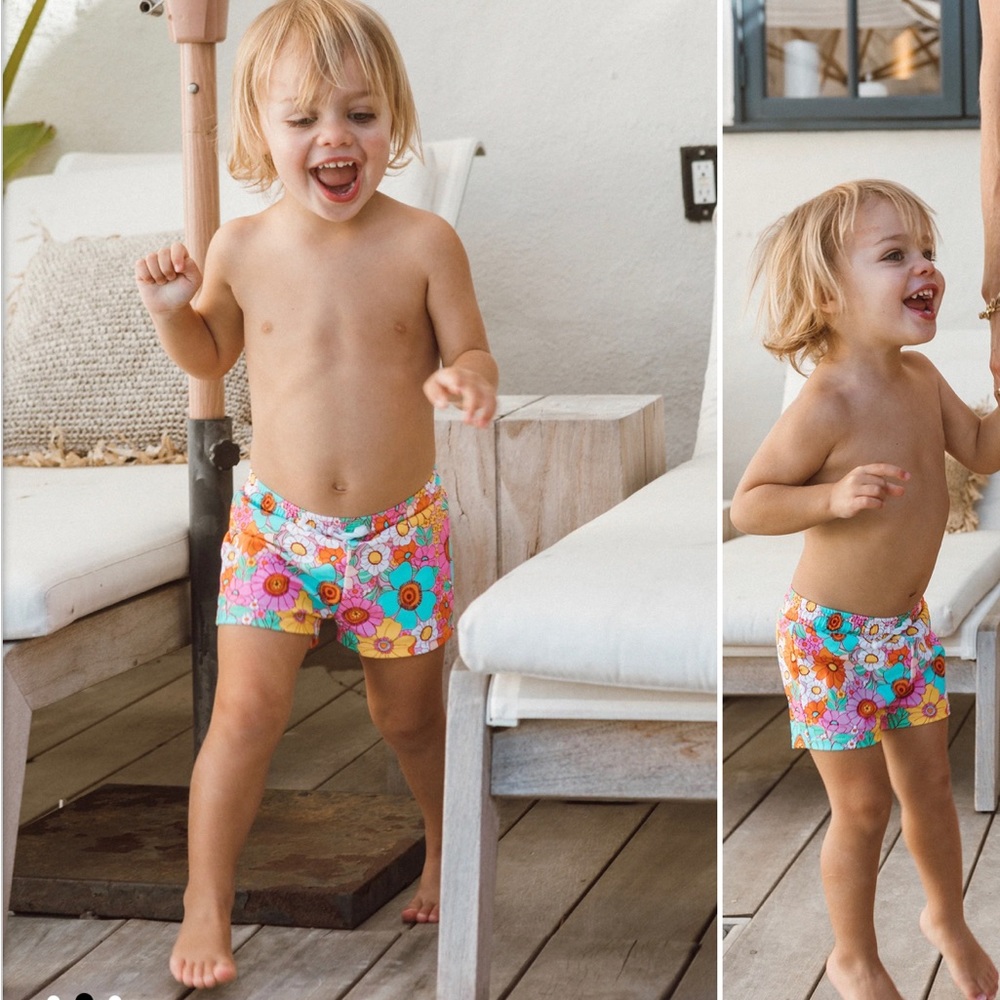 Show Me Your MuMu Kids Swim Trunks - Bright Floral (pink, orange, teal)